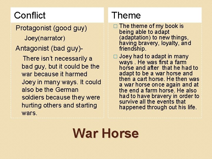 Conflict Theme Protagonist (good guy) � Joey(narrator) Antagonist (bad guy)There isn’t necessarily a bad