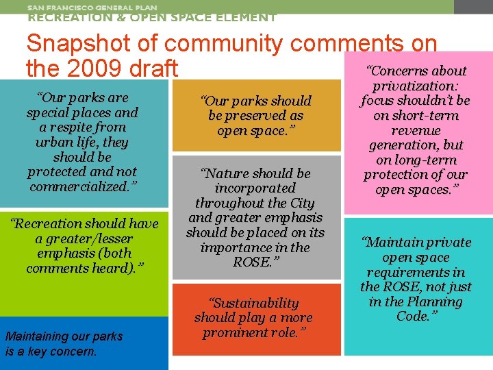 Snapshot of community comments on “Concerns about the 2009 draft “Our parks are special