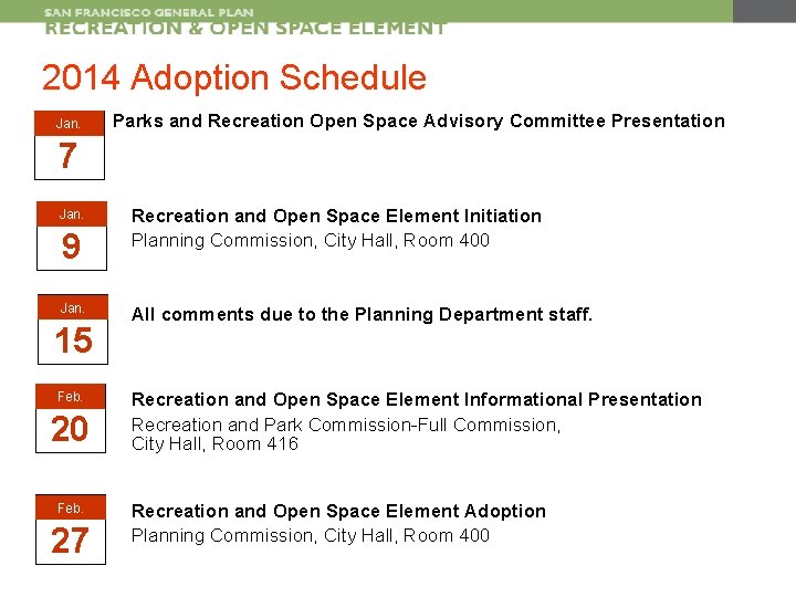 2014 Adoption Schedule Jan. Parks and Recreation Open Space Advisory Committee Presentation 7 Jan.