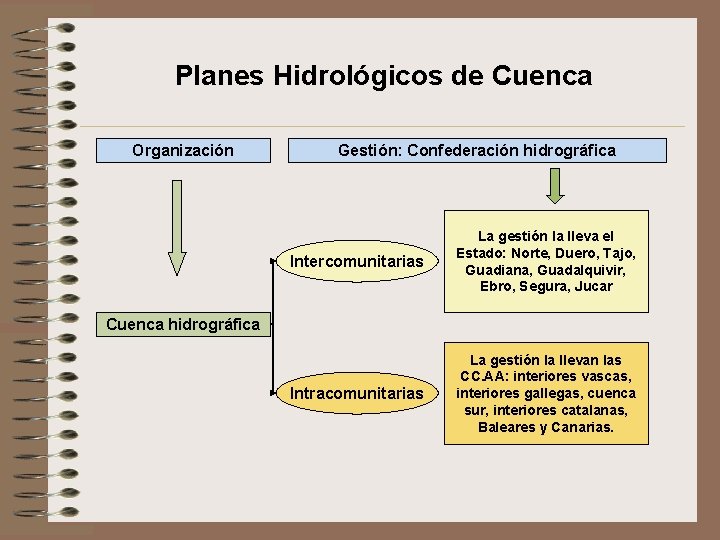 Planes Hidrológicos de Cuenca Organización Gestión: Confederación hidrográfica Intercomunitarias La gestión la lleva el