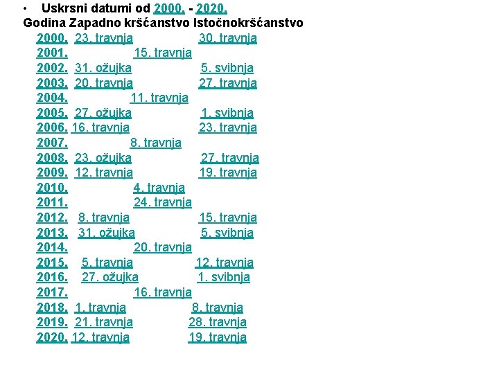  • Uskrsni datumi od 2000. - 2020. Godina Zapadno kršćanstvo Istočnokršćanstvo 2000. 23.