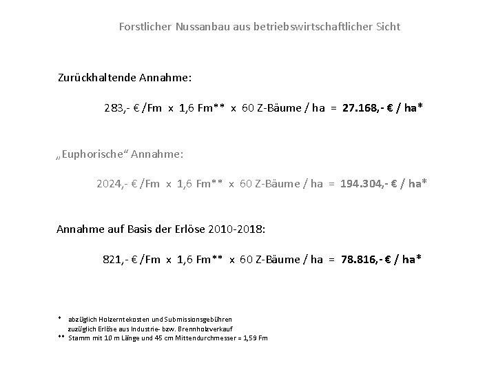 Forstlicher Nussanbau aus betriebswirtschaftlicher Sicht Zurückhaltende Annahme: 283, - € /Fm x 1, 6