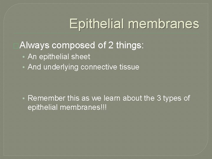 Epithelial membranes �Always composed of 2 things: • An epithelial sheet • And underlying