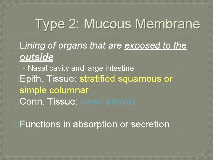 Type 2: Mucous Membrane �Lining of organs that are exposed to the outside •