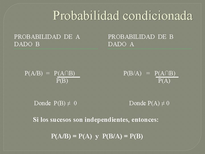 Probabilidad condicionada PROBABILIDAD DE A DADO B P(A/B) = P(A∩B) P(B) Donde P(B) ≠