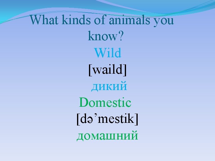 What kinds of animals you know? Wild [waild] дикий Domestic [də’mestik] домашний 