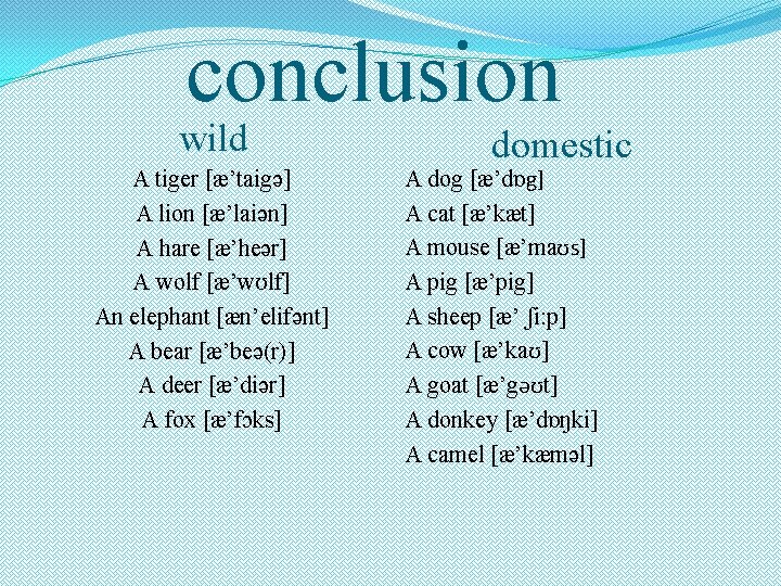 conclusion wild A tiger [æ’taigə] A lion [æ’laiən] A hare [æ’heər] A wolf [æ’wʊlf]