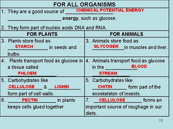 FOR ALL ORGANISMS CHEMICAL POTENTIAL ENERGY 1. They are a good source of ____________________ FOR ALL ORGANISMS CHEMICAL POTENTIAL ENERGY 1. They are a good source of ____________________