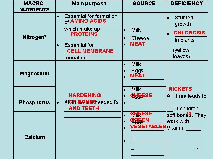 MACRONUTRIENTS Main purpose Nitrogen* Magnesium Phosphorus Calcium SOURCE DEFICIENCY Essential formation Stunted AMINO ACIDS