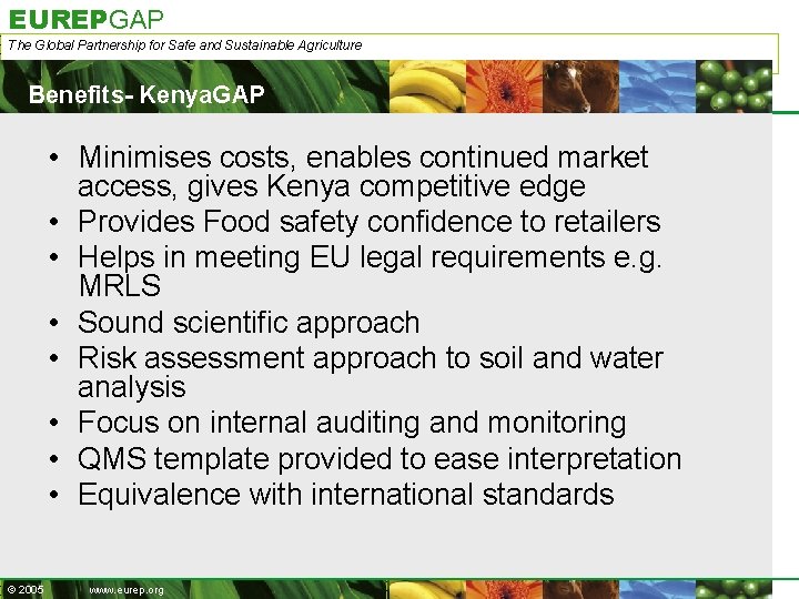 EUREPGAP The Global Partnership for Safe and Sustainable Agriculture Benefits- Kenya. GAP • Minimises