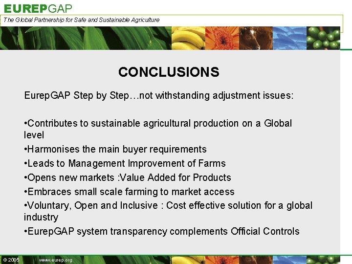 EUREPGAP The Global Partnership for Safe and Sustainable Agriculture CONCLUSIONS Eurep. GAP Step by