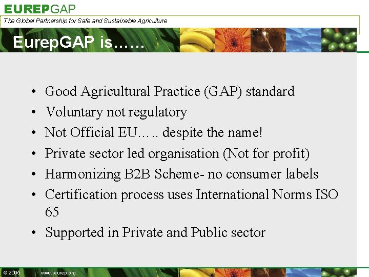 EUREPGAP The Global Partnership for Safe and Sustainable Agriculture Eurep. GAP is…… • •