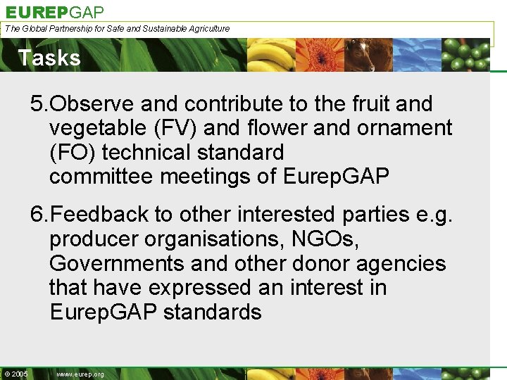 EUREPGAP The Global Partnership for Safe and Sustainable Agriculture Tasks 5. Observe and contribute