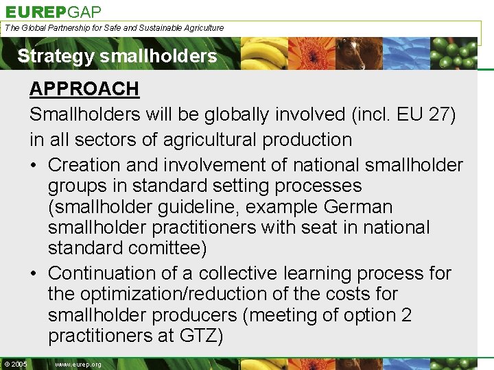 EUREPGAP The Global Partnership for Safe and Sustainable Agriculture Strategy smallholders APPROACH Smallholders will