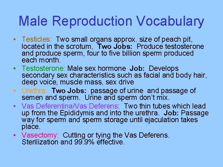 Male Reproduction Vocabulary • Testicles: Two small organs approx. size of peach pit, located