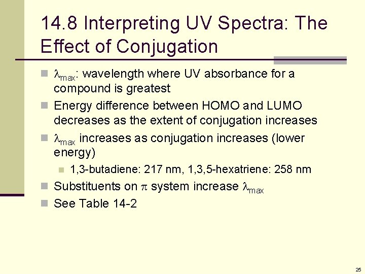 14. 8 Interpreting UV Spectra: The Effect of Conjugation n max: wavelength where UV