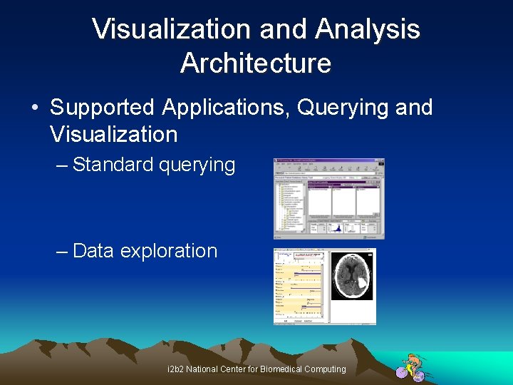 Visualization and Analysis Architecture • Supported Applications, Querying and Visualization – Standard querying –