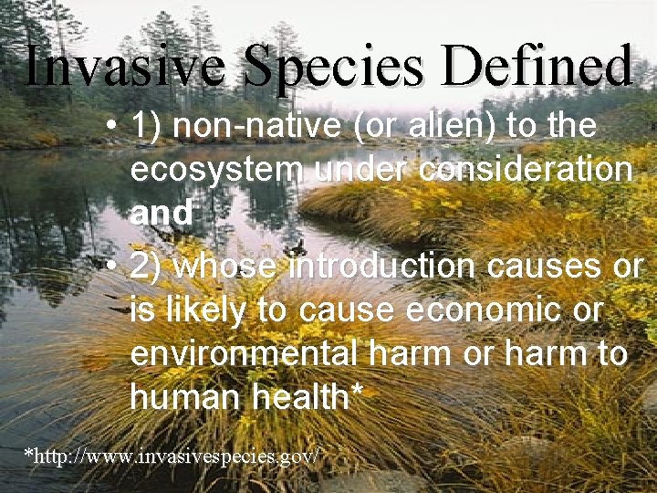 Invasive Species Defined • 1) non-native (or alien) to the ecosystem under consideration and