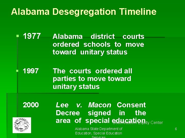 Alabama Desegregation Timeline § 1977 Alabama district courts ordered schools to move toward unitary