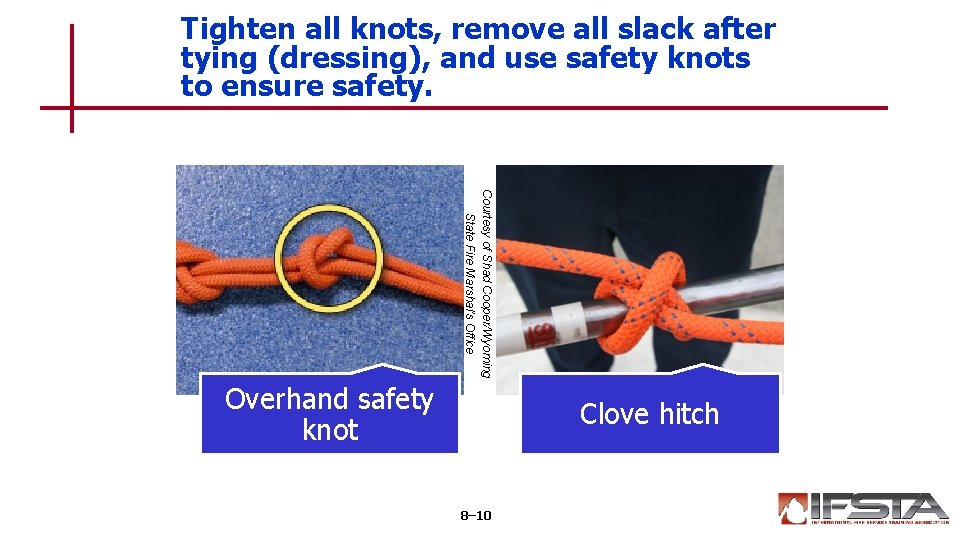 Tighten all knots, remove all slack after tying (dressing), and use safety knots to
