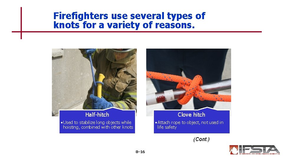 Firefighters use several types of knots for a variety of reasons. Half-hitch Clove hitch