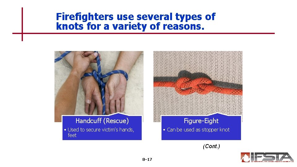 Firefighters use several types of knots for a variety of reasons. Handcuff (Rescue) Figure-Eight