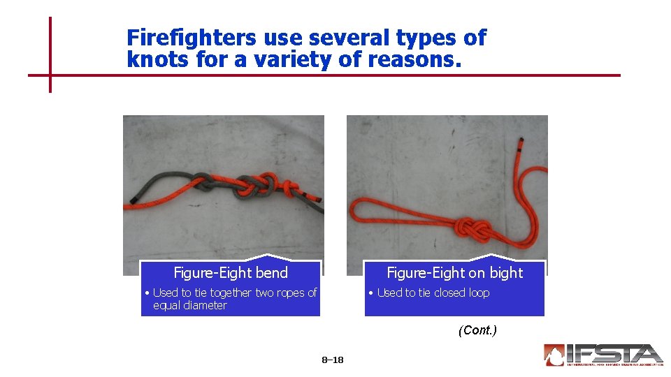 Firefighters use several types of knots for a variety of reasons. Figure-Eight bend Figure-Eight