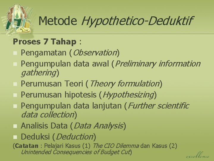 Metode Hypothetico-Deduktif Proses 7 Tahap : n Pengamatan (Observation) n Pengumpulan data awal (Preliminary