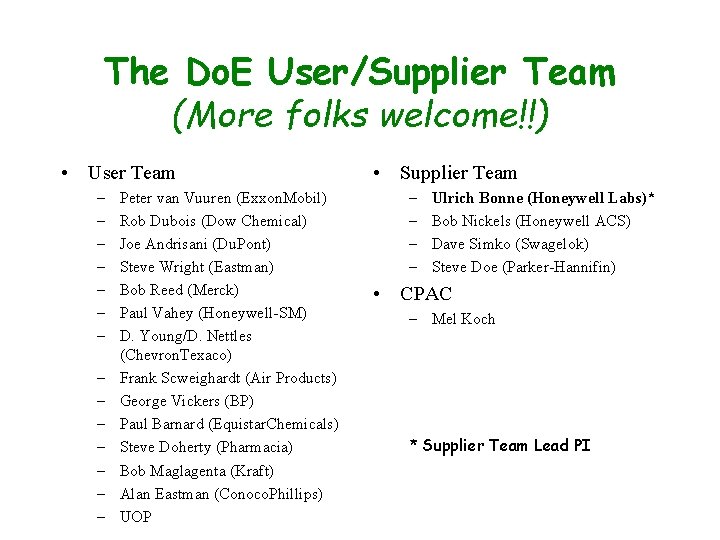 The Do. E User/Supplier Team (More folks welcome!!) • User Team – – –