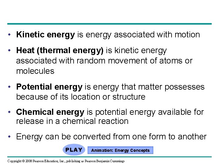  • Kinetic energy is energy associated with motion • Heat (thermal energy) is