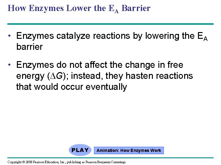 How Enzymes Lower the EA Barrier • Enzymes catalyze reactions by lowering the EA