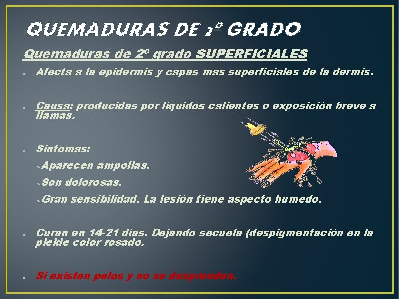 QUEMADURAS DE 2º GRADO Quemaduras de 2º grado SUPERFICIALES ● ● ● Afecta a