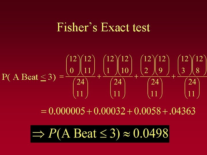 Fisher’s Exact test P( A Beat < 3) 