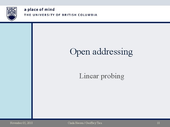 Open addressing Linear probing November 05, 2018 Cinda Heeren / Geoffrey Tien 18 