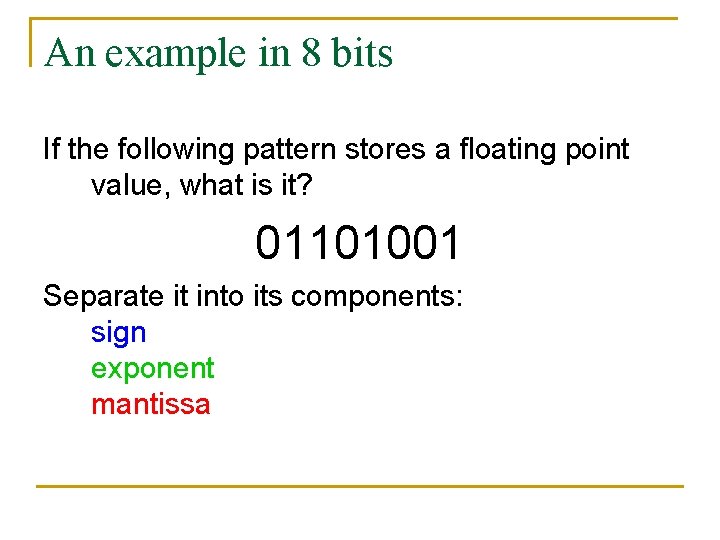 An example in 8 bits If the following pattern stores a floating point value,