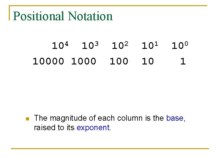 Positional Notation 104 103 10000 1000 n 102 100 101 10 100 1 The