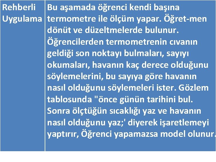 Rehberli Bu aşamada öğrenci kendi başına Uygulama termometre ile ölçüm yapar. Öğret men dönüt