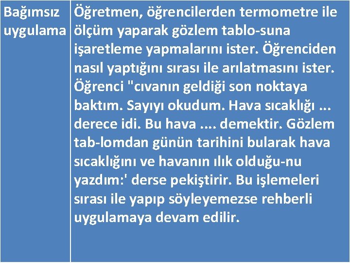 Bağımsız Öğretmen, öğrencilerden termometre ile uygulama ölçüm yaparak gözlem tablo suna işaretleme yapmalarını ister.