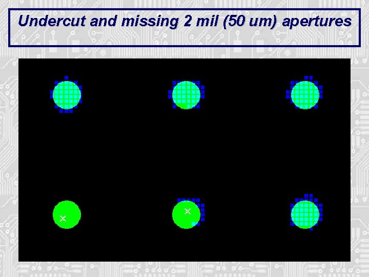 Undercut and missing 2 mil (50 um) apertures Undercut and missing 2 mil (50 um) apertures