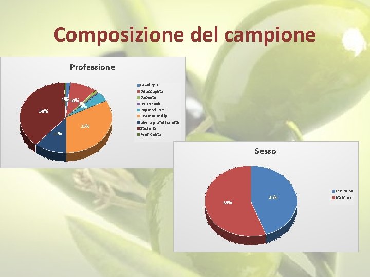 Composizione del campione Professione 38% 1% 2% 10% 1% 1% 4% 33% 11% Casalinga