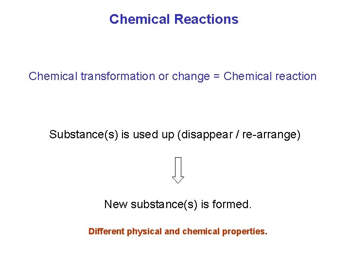 Chemical Reactions Chemical transformation or change = Chemical reaction Substance(s) is used up (disappear