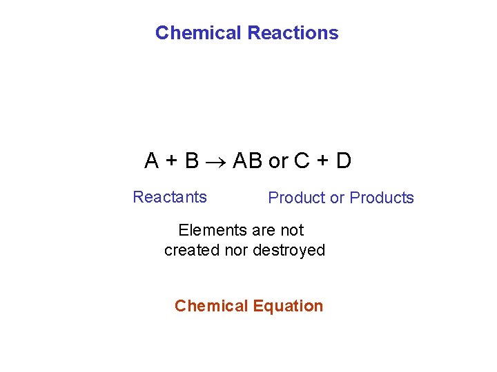Chemical Reactions A + B AB or C + D Reactants Product or Products