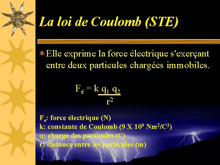 La loi de Coulomb (STE) ¬Elle exprime la force électrique s'exerçant entre deux particules