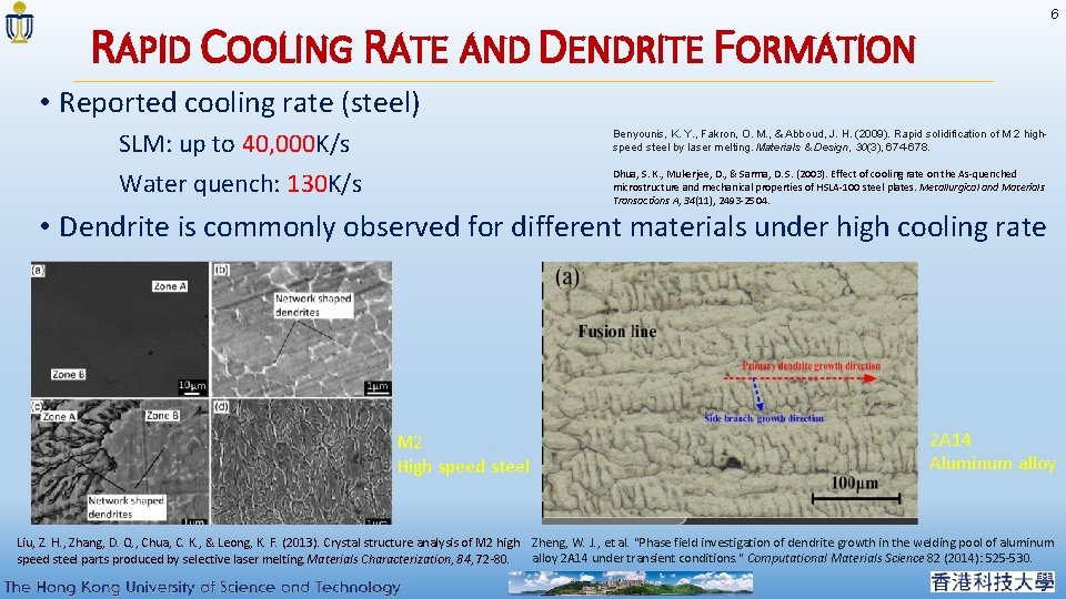 6 RAPID COOLING RATE AND DENDRITE FORMATION • Reported cooling rate (steel) SLM: up