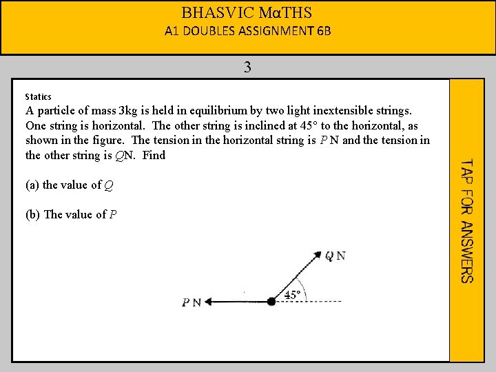 BHASVIC MαTHS A 1 DOUBLES ASSIGNMENT 6 B 3 Statics A particle of mass