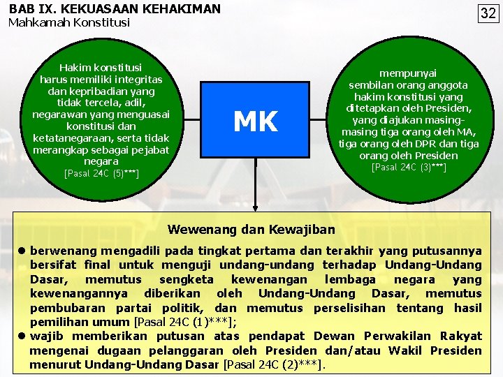 BAB IX. KEKUASAAN KEHAKIMAN 32 Mahkamah Konstitusi Hakim konstitusi harus memiliki integritas dan kepribadian