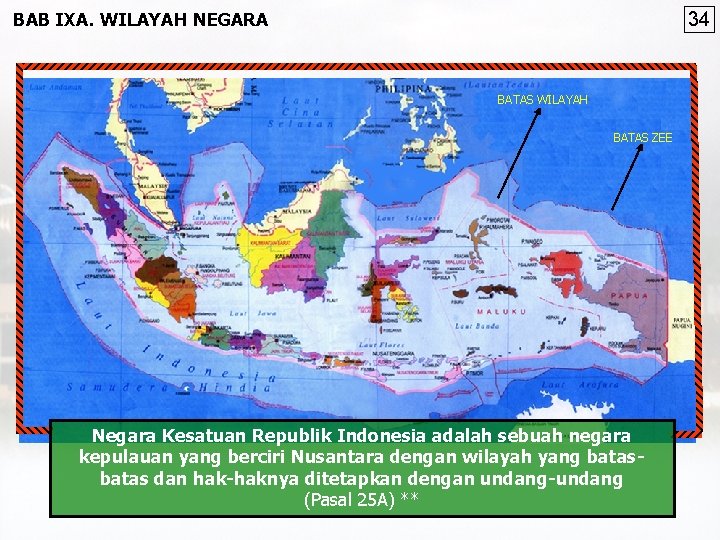 BAB IXA. WILAYAH NEGARA 34 BATAS WILAYAH BATAS ZEE Negara Kesatuan Republik Indonesia adalah