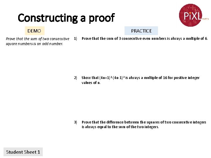 Constructing a proof DEMO Prove that the sum of two consecutive square numbers is