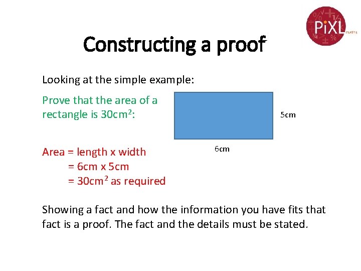 Constructing a proof Looking at the simple example: Prove that the area of a