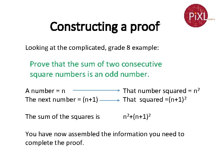 Constructing a proof Looking at the complicated, grade 8 example: Prove that the sum